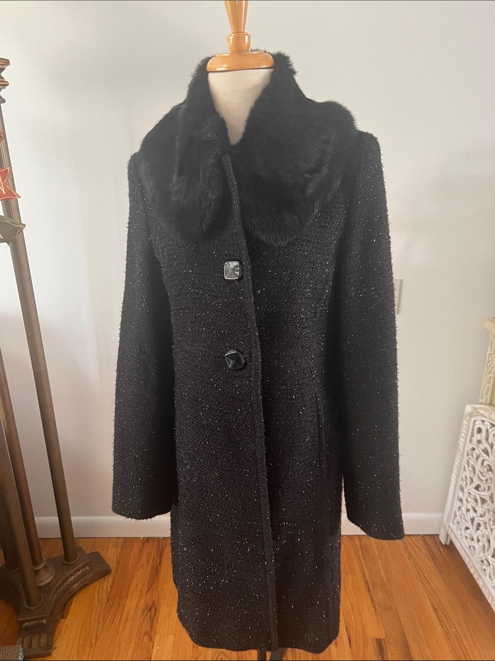 Nine West Black Wool-Blend Pea Coat with Faux Fur Collar